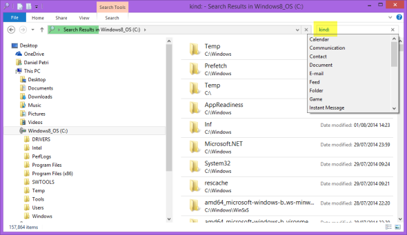 Using the 'kind:' search filter in Windows 8 Explorer
