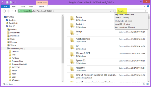 Using the 'length:' search filter in Windows 8 Explorer