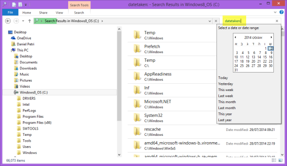 Using the 'datetaken:' search filter in Windows 8 Explorer