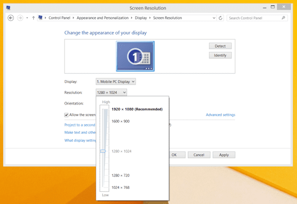 Changing screen resolution in Windows 8.1
