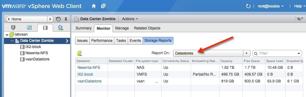 Storage Reports in the VMware vSphere Web Client