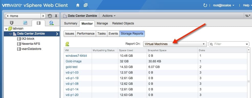 Storage Reports in the VMware vSphere Web Client virtual machines