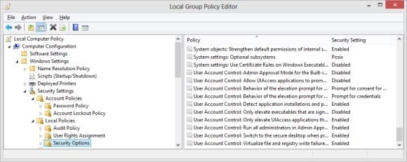 Windows 8 UAC local group policy editor