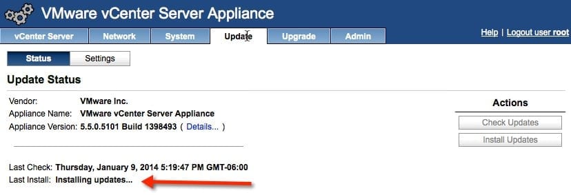 Updating the vCenter Server Appliance (vCSA) status