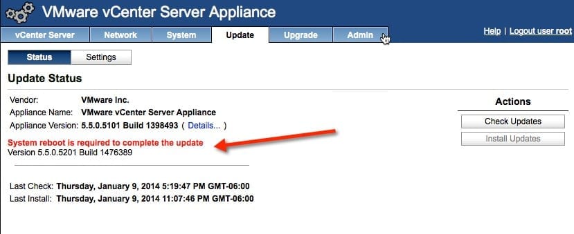 Updating the vCenter Server Appliance (vCSA) reboot
