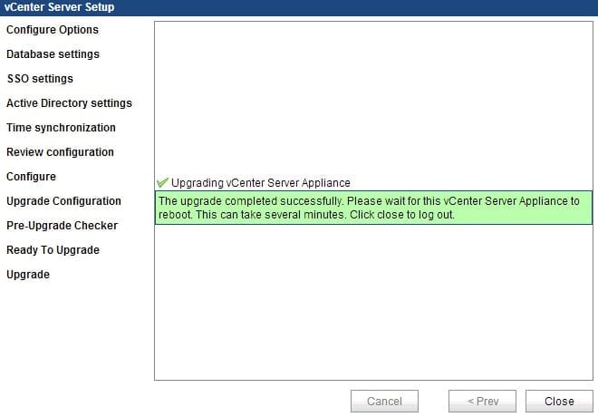 Upgrade vCenter Server Appliance (vCSA) confirmation