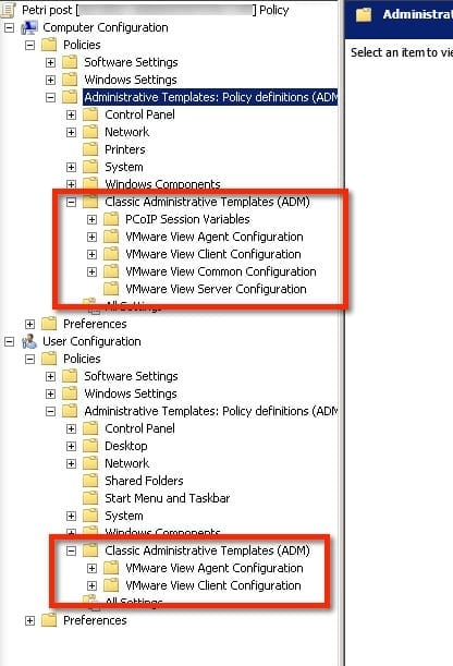 VMware View ADM templates user configuration