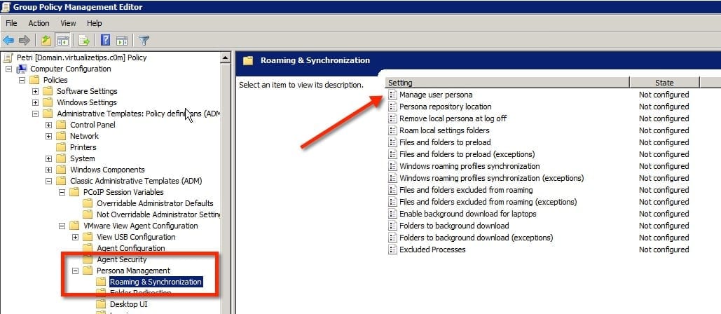 VMware View Persona Management: Group Policy Management Editor
