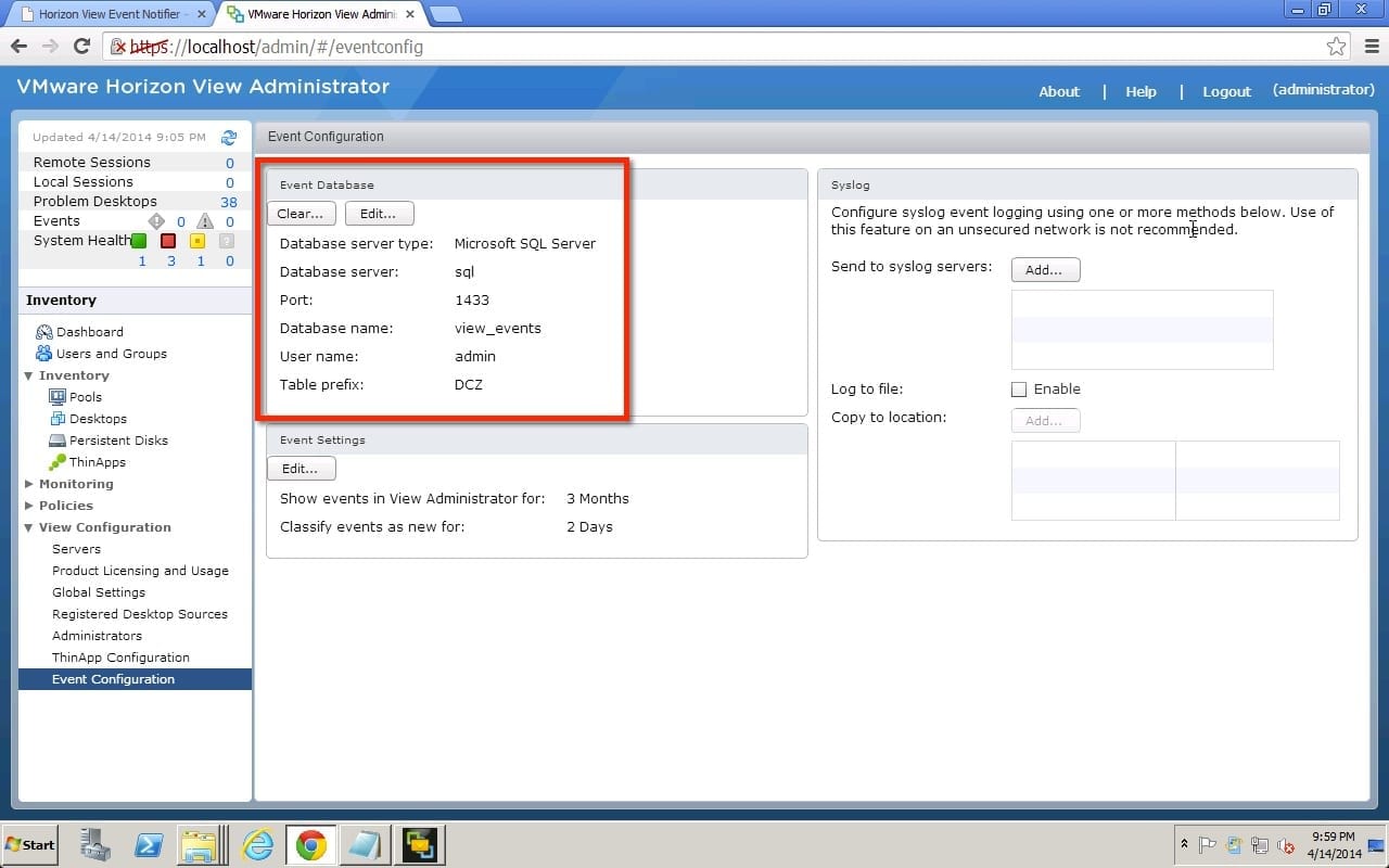 vmware view event database manager