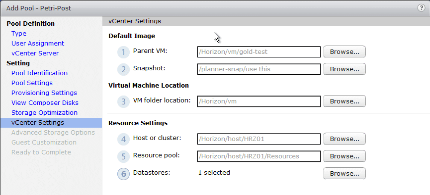 VMware Horizon View vCenter settings