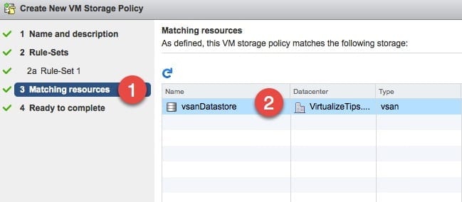 VM virtual SAN vsan create Storage Policies rule set