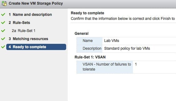 VM virtual SAN vsan create Storage Policies confirmation