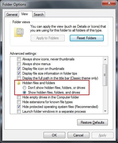 Show hidden deals folders windows 7